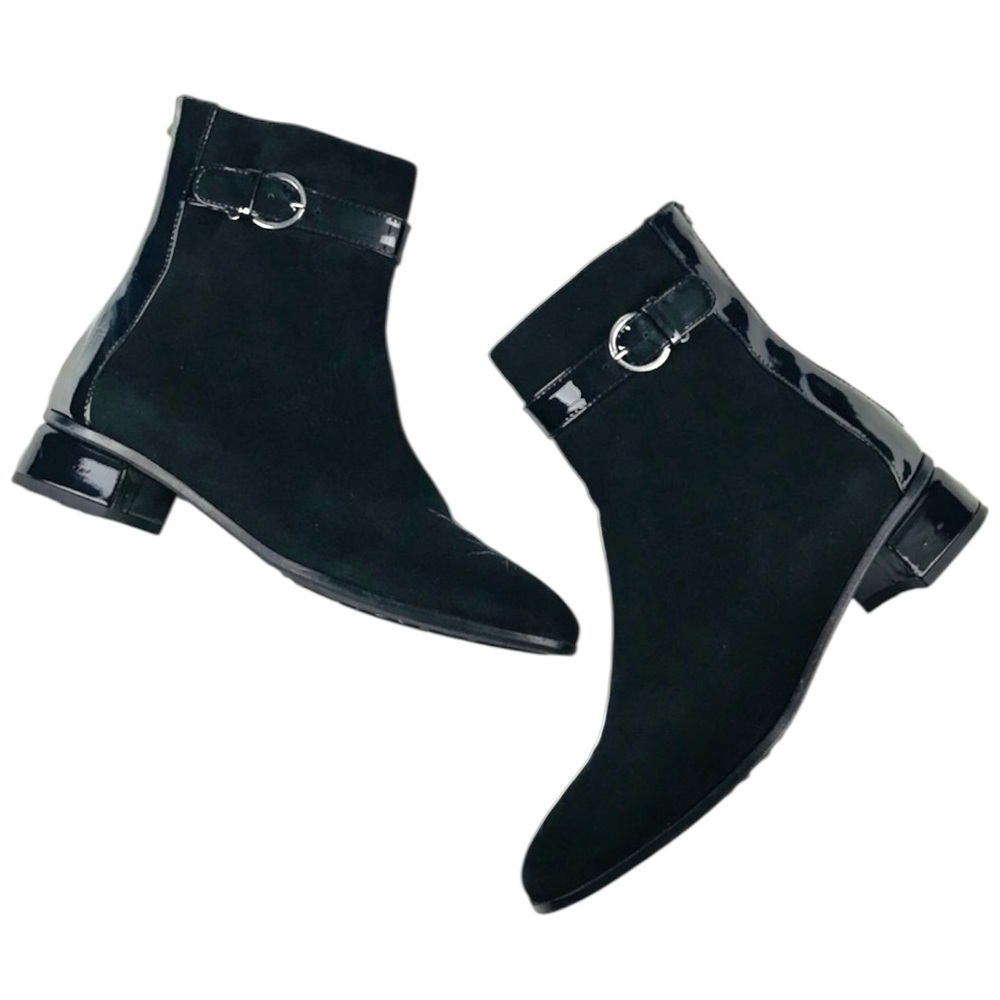 Aquatalia Luana Women 10 Black Suede Patent Leather Buckle Ankle Booties Boots